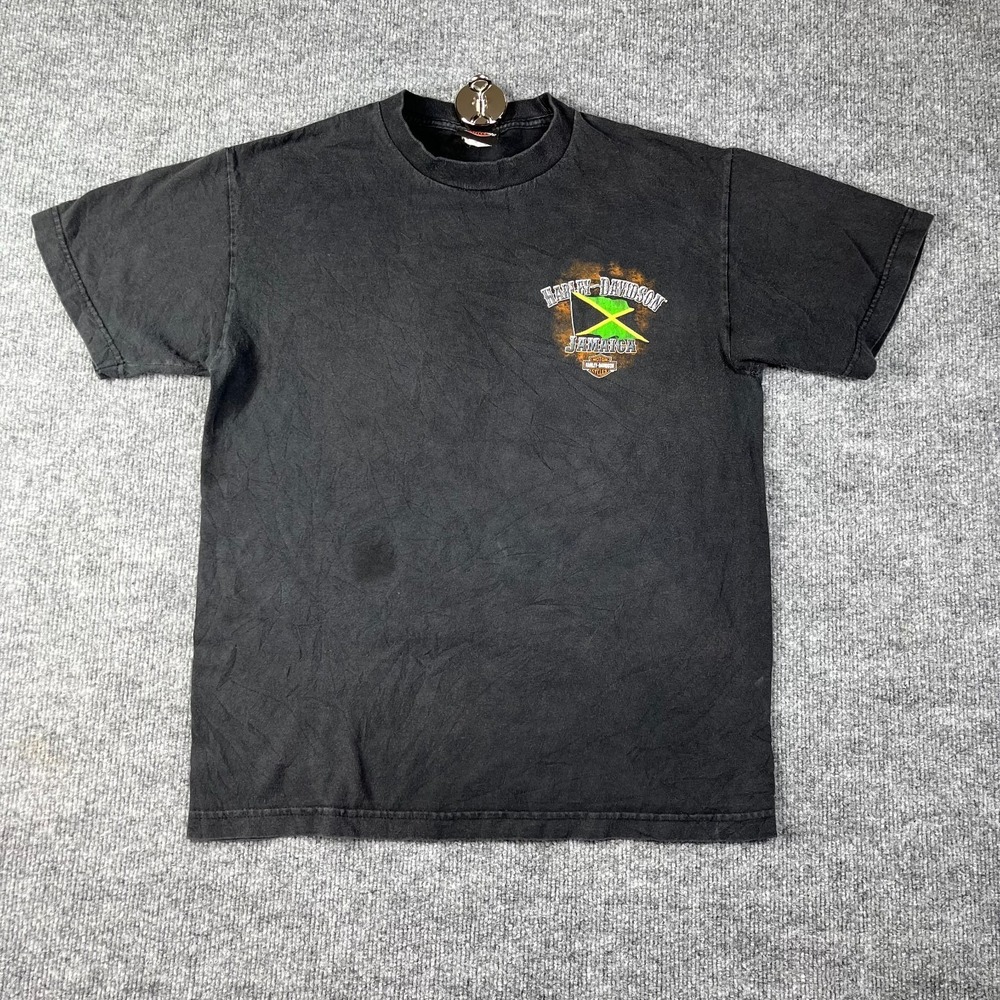 Harley Davidson T Shirt Men Medium Black Cotton Jamaica Flag Motorcyclist Riding